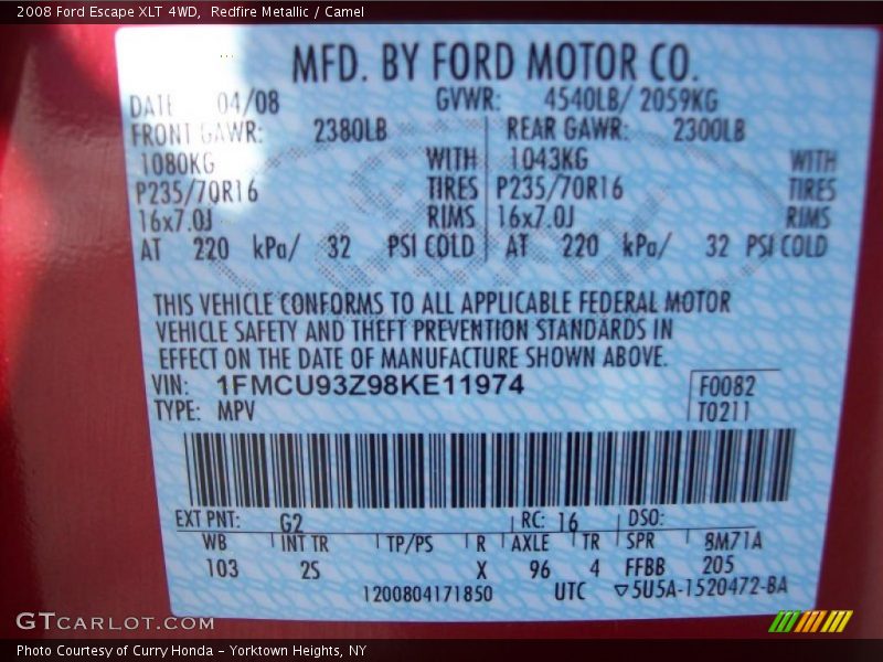 Redfire Metallic / Camel 2008 Ford Escape XLT 4WD