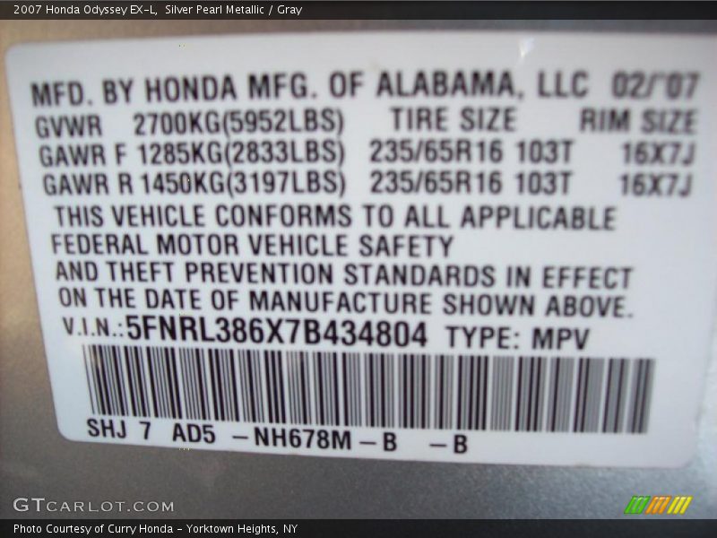 Silver Pearl Metallic / Gray 2007 Honda Odyssey EX-L