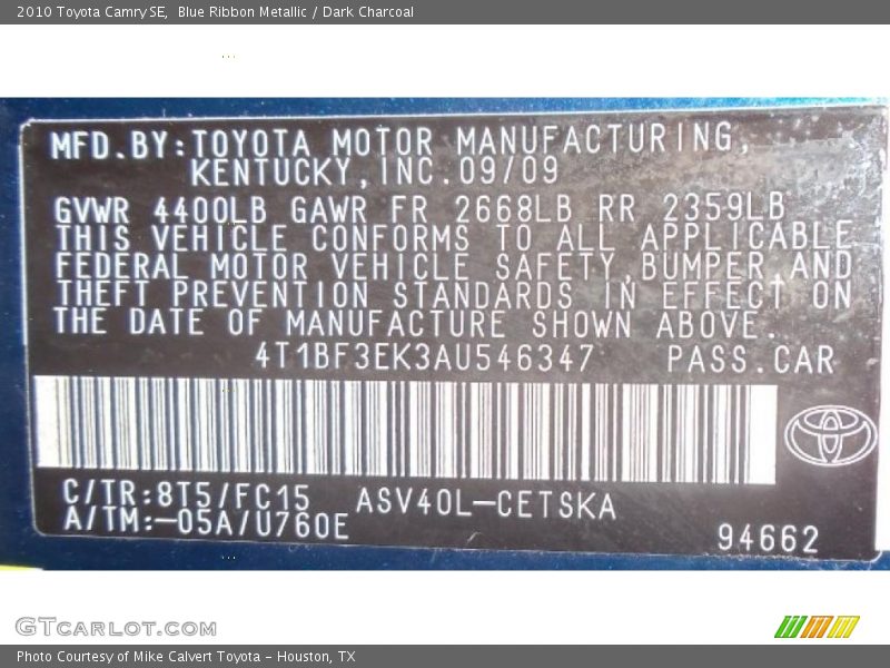 Blue Ribbon Metallic / Dark Charcoal 2010 Toyota Camry SE
