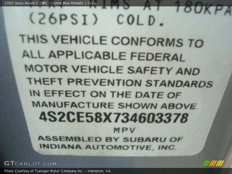 Info Tag of 2003 Axiom S 2WD