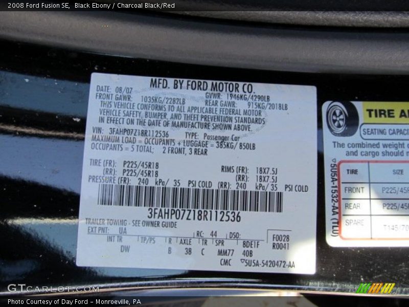 Black Ebony / Charcoal Black/Red 2008 Ford Fusion SE
