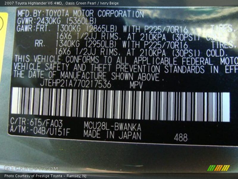 Oasis Green Pearl / Ivory Beige 2007 Toyota Highlander V6 4WD