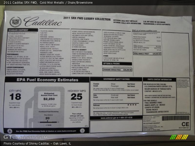  2011 SRX FWD Window Sticker