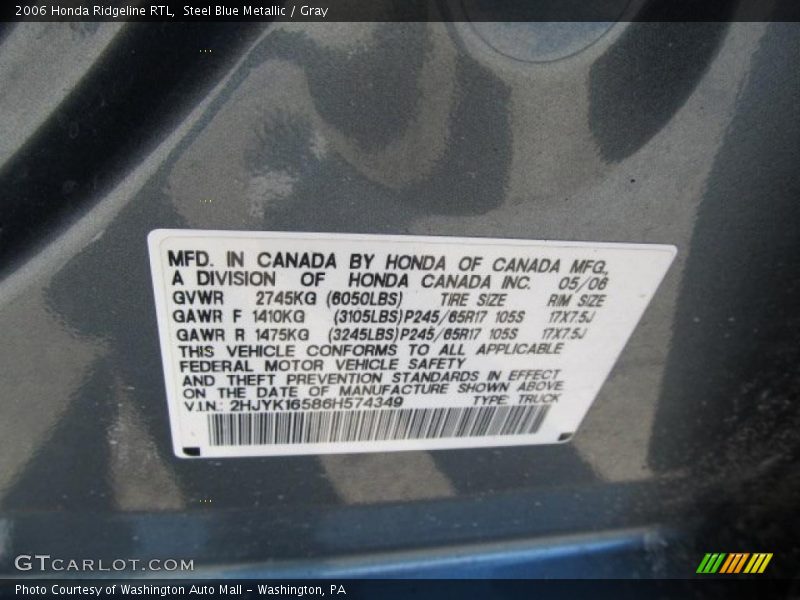 Steel Blue Metallic / Gray 2006 Honda Ridgeline RTL