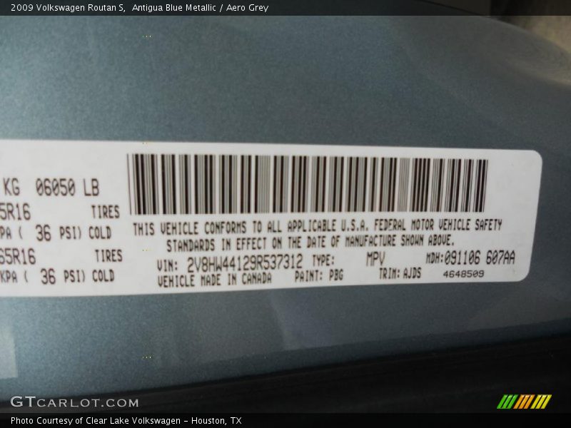 2009 Routan S Antigua Blue Metallic Color Code PBG