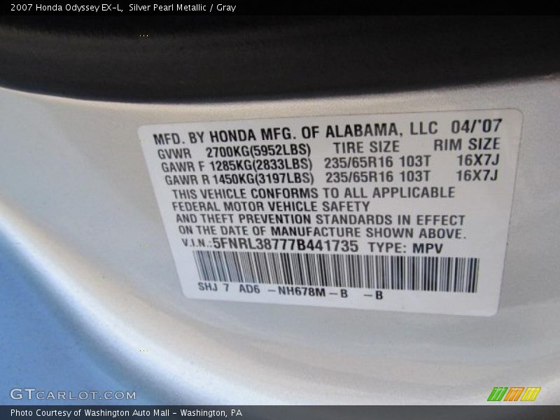 Silver Pearl Metallic / Gray 2007 Honda Odyssey EX-L
