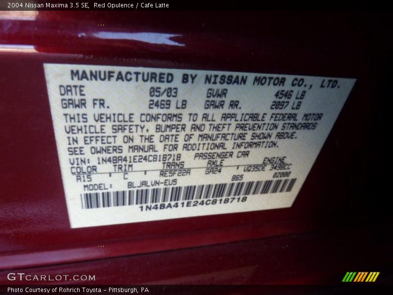 Red Opulence / Cafe Latte 2004 Nissan Maxima 3.5 SE
