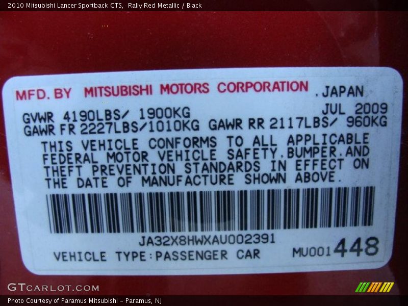 Rally Red Metallic / Black 2010 Mitsubishi Lancer Sportback GTS