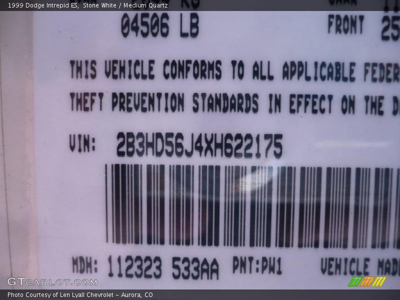 1999 Intrepid ES Stone White Color Code PW1