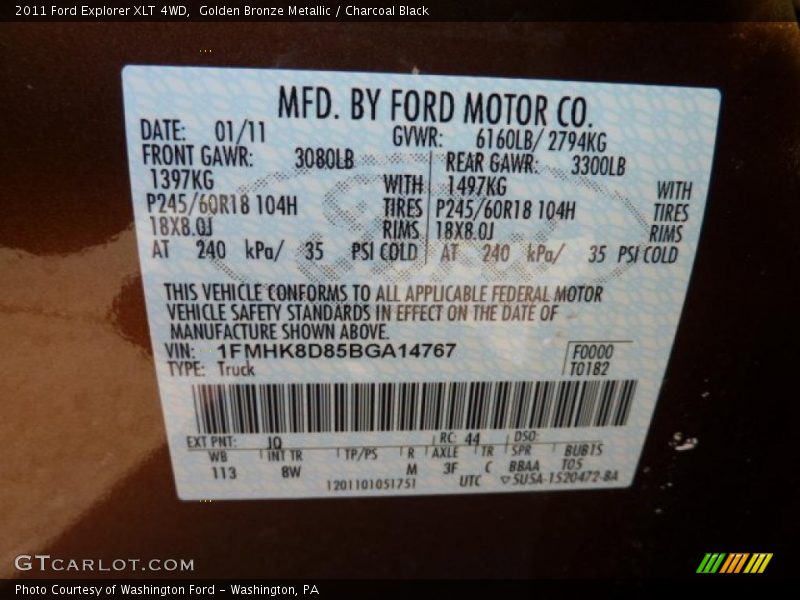 2011 Explorer XLT 4WD Golden Bronze Metallic Color Code JQ