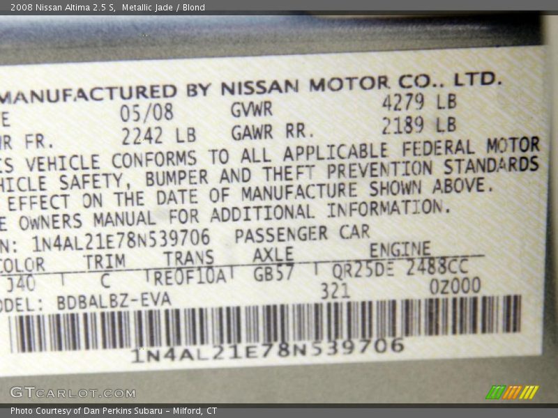 Metallic Jade / Blond 2008 Nissan Altima 2.5 S