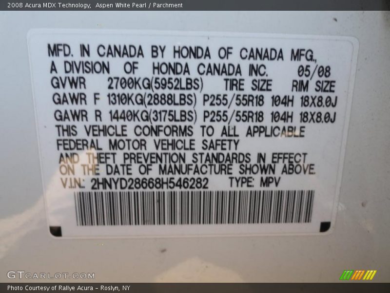 Aspen White Pearl / Parchment 2008 Acura MDX Technology