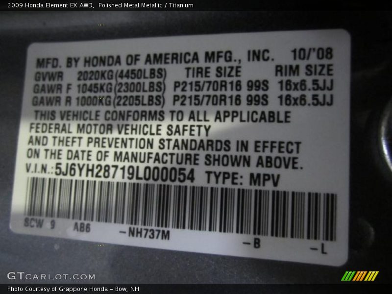2009 Element EX AWD Polished Metal Metallic Color Code NH737M
