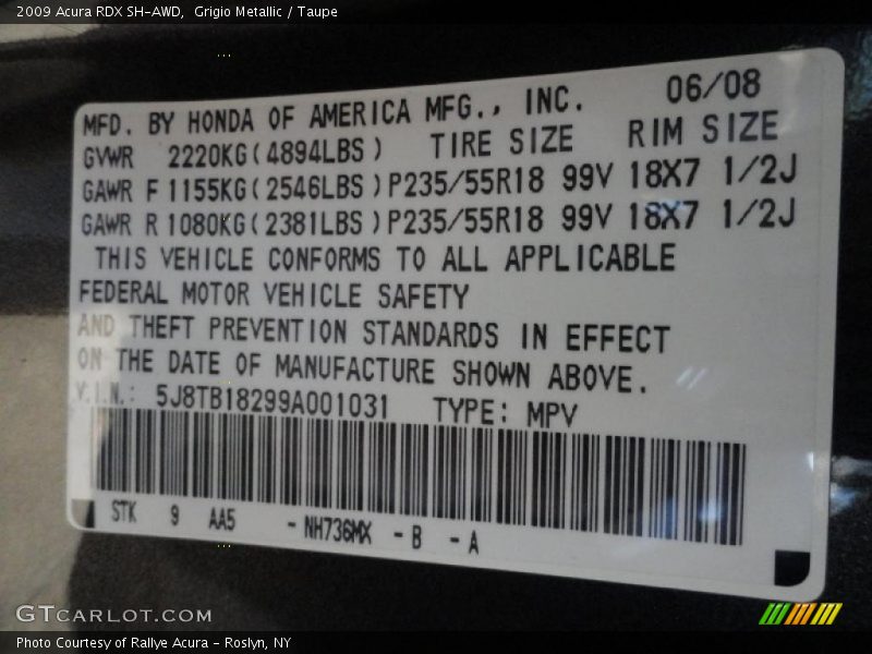 2009 RDX SH-AWD Grigio Metallic Color Code NH736MX