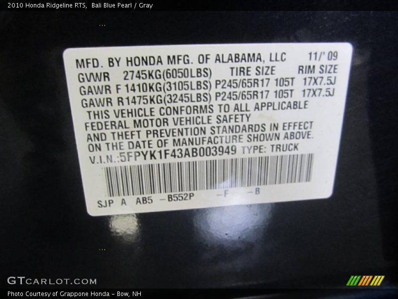 2010 Ridgeline RTS Bali Blue Pearl Color Code B552P