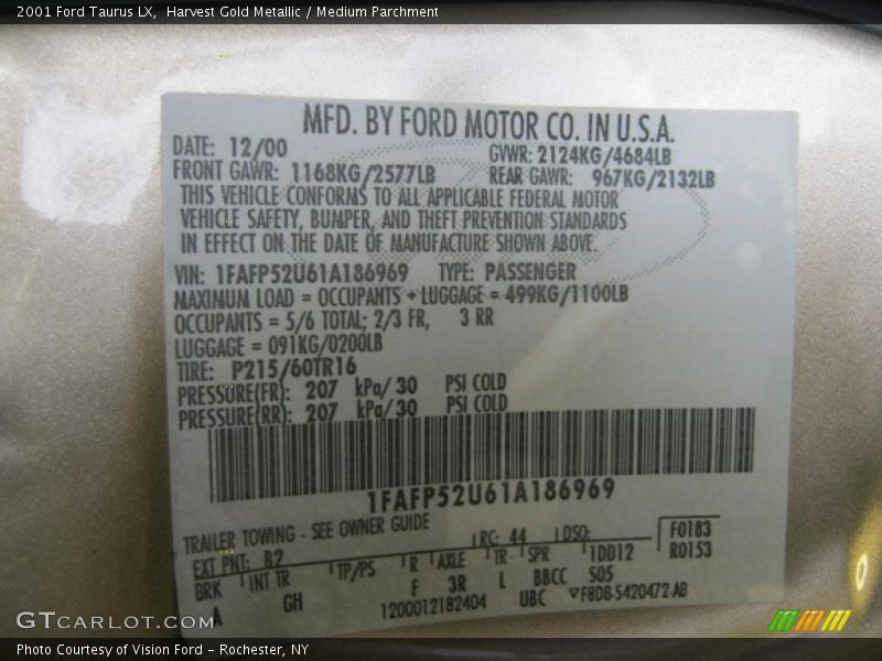 2001 Taurus LX Harvest Gold Metallic Color Code B2