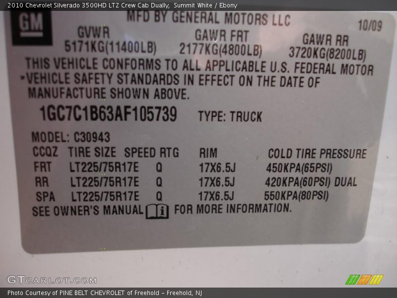 Info Tag of 2010 Silverado 3500HD LTZ Crew Cab Dually