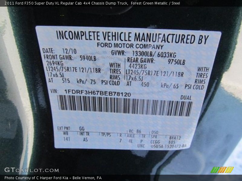 2011 F350 Super Duty XL Regular Cab 4x4 Chassis Dump Truck Forest Green Metallic Color Code GG