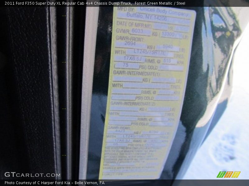 Info Tag of 2011 F350 Super Duty XL Regular Cab 4x4 Chassis Dump Truck