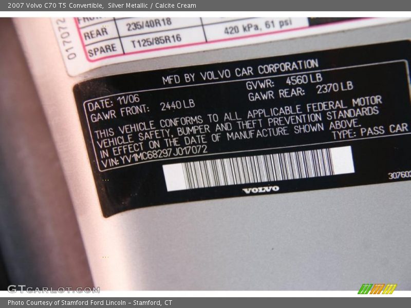 Info Tag of 2007 C70 T5 Convertible
