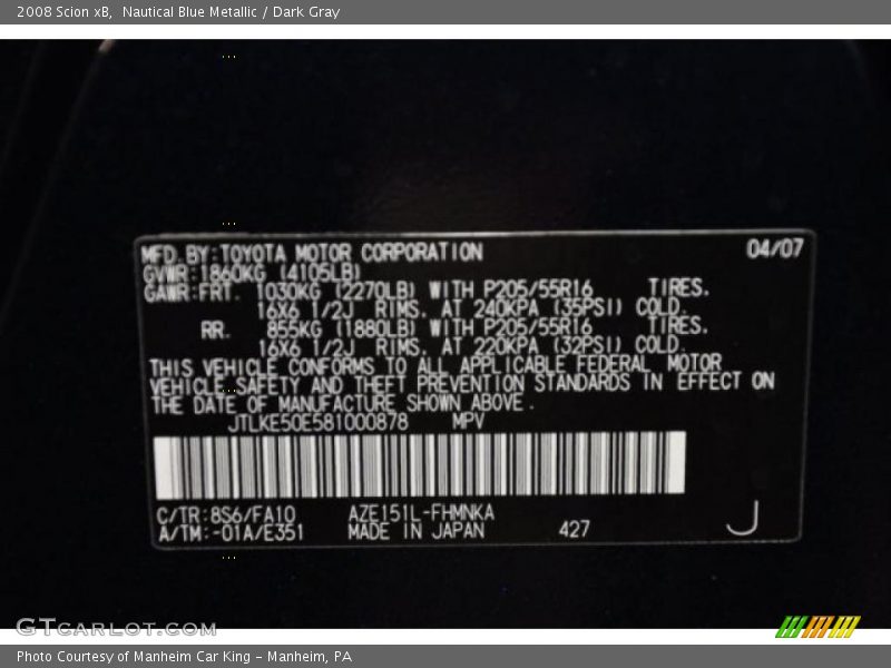 2008 xB  Nautical Blue Metallic Color Code 8S6