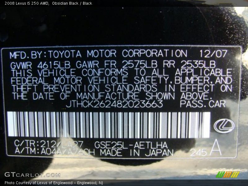 Obsidian Black / Black 2008 Lexus IS 250 AWD