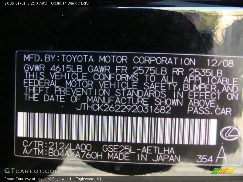 Obsidian Black / Ecru 2009 Lexus IS 250 AWD