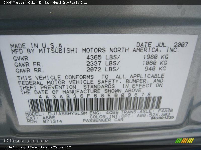 Satin Mesai Gray Pearl / Gray 2008 Mitsubishi Galant ES