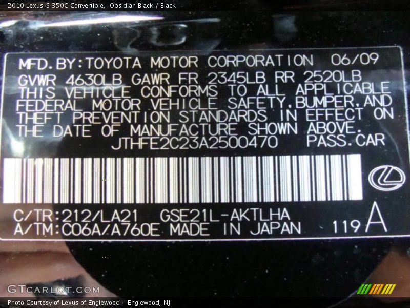 Obsidian Black / Black 2010 Lexus IS 350C Convertible
