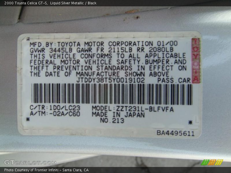 2000 Celica GT-S Liquid Silver Metallic Color Code 1D0
