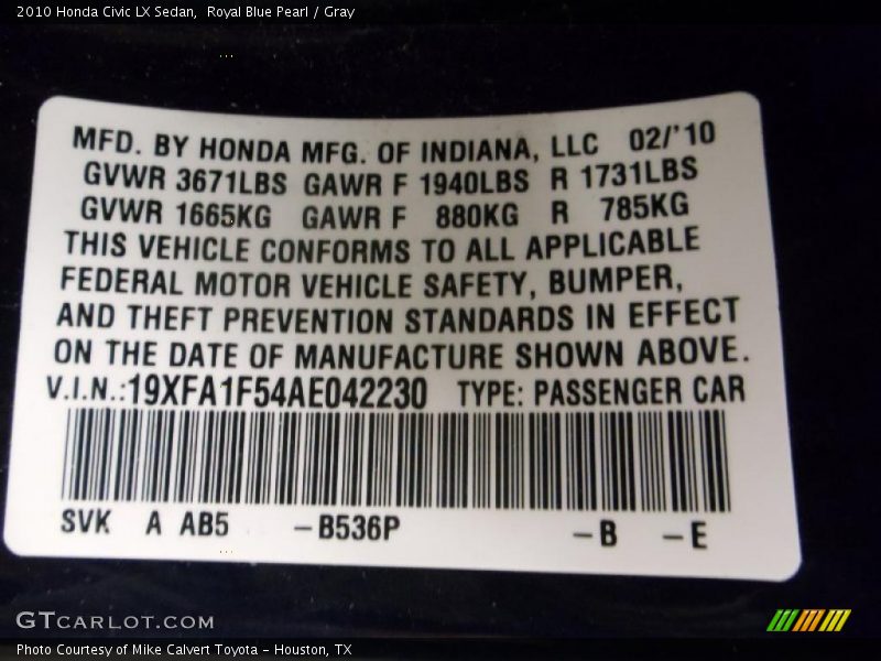 2010 Civic LX Sedan Royal Blue Pearl Color Code B536P