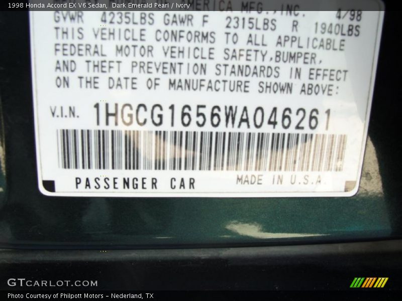 Dark Emerald Pearl / Ivory 1998 Honda Accord EX V6 Sedan