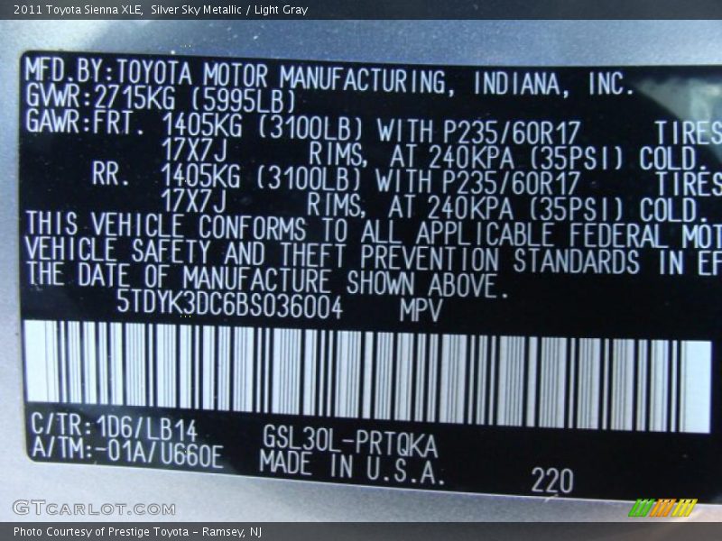 Silver Sky Metallic / Light Gray 2011 Toyota Sienna XLE