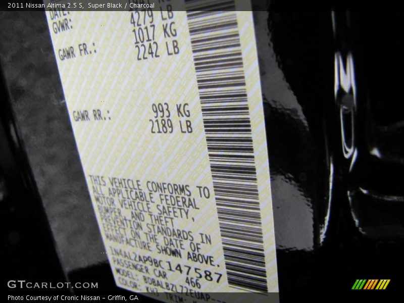Super Black / Charcoal 2011 Nissan Altima 2.5 S