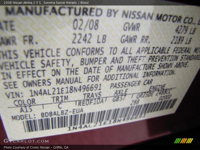 Sonoma Sunset Metallic / Blond 2008 Nissan Altima 2.5 S