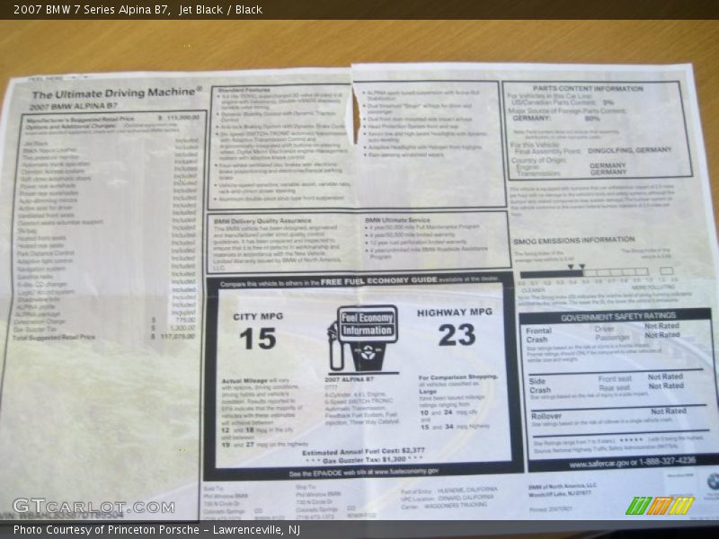  2007 7 Series Alpina B7 Window Sticker
