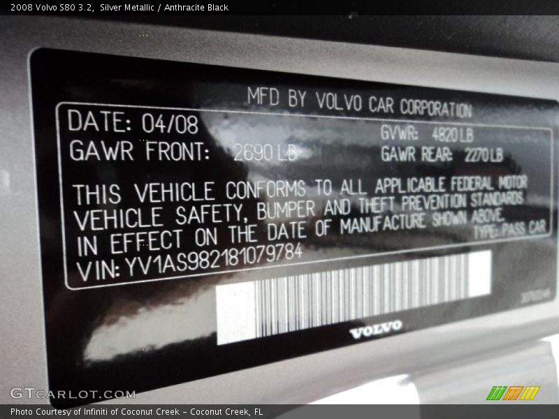Silver Metallic / Anthracite Black 2008 Volvo S80 3.2