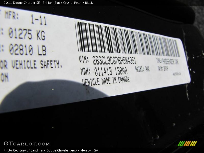 2011 Charger SE Brilliant Black Crystal Pearl Color Code PXR