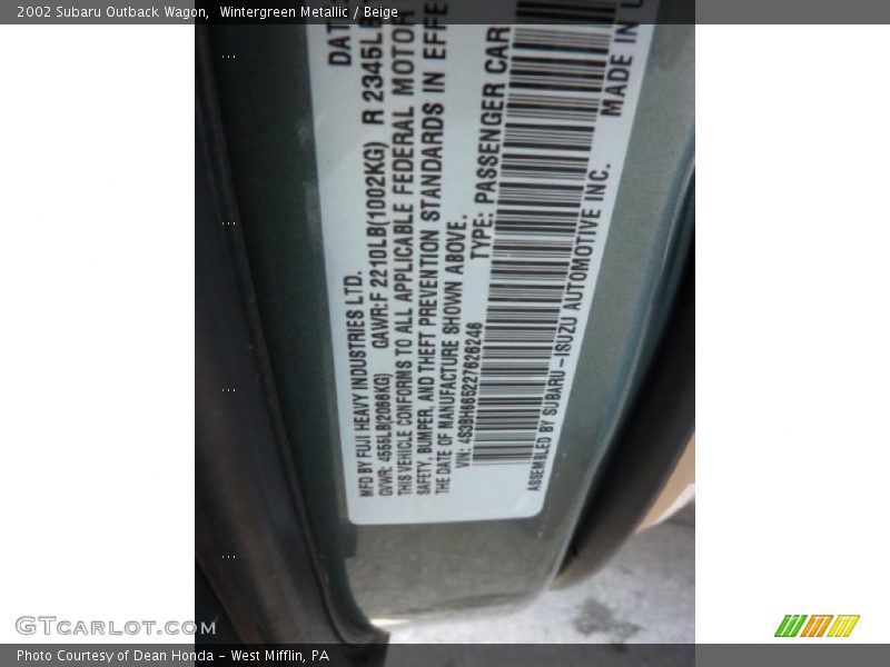 Wintergreen Metallic / Beige 2002 Subaru Outback Wagon