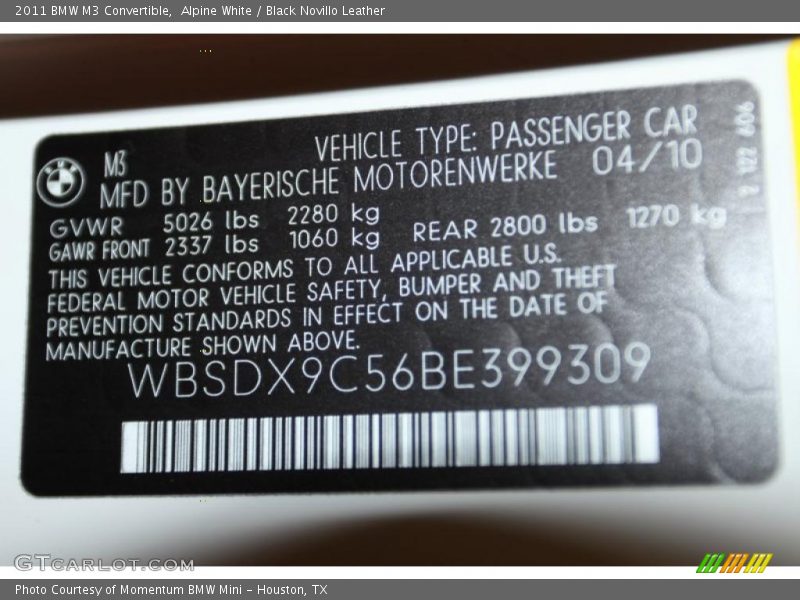 Info Tag of 2011 M3 Convertible