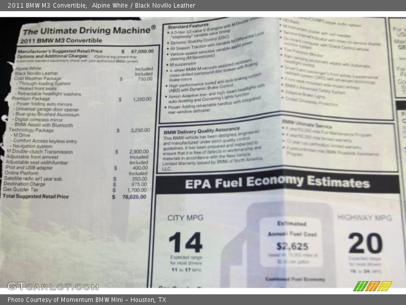  2011 M3 Convertible Window Sticker