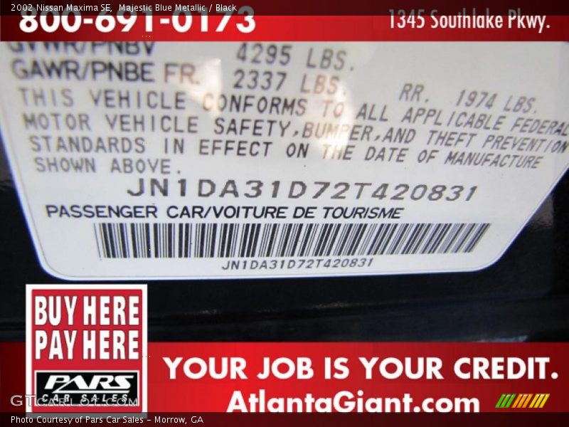 Majestic Blue Metallic / Black 2002 Nissan Maxima SE