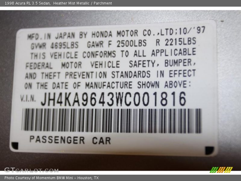 Info Tag of 1998 RL 3.5 Sedan