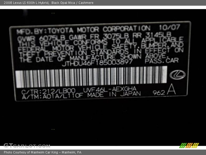 2008 LS 600h L Hybrid Black Opal Mica Color Code 212