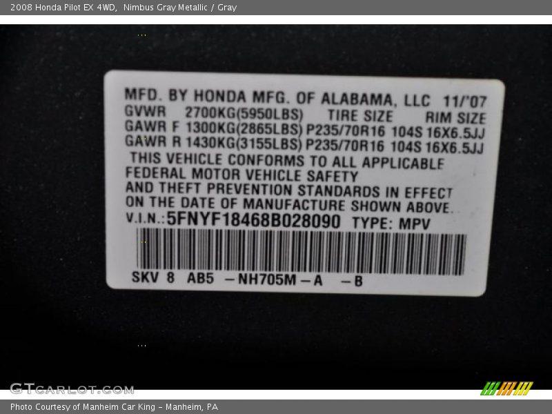 Nimbus Gray Metallic / Gray 2008 Honda Pilot EX 4WD