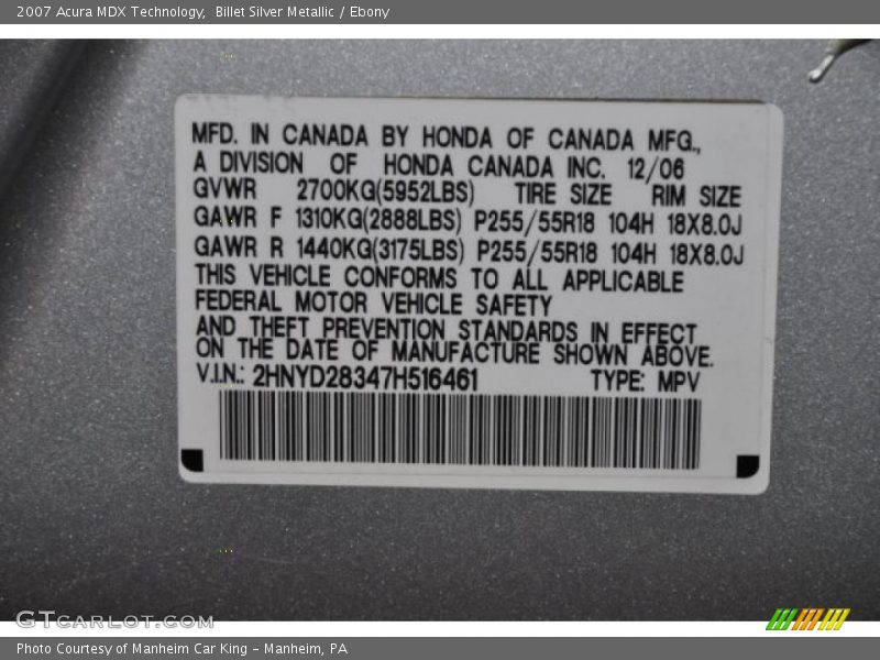Billet Silver Metallic / Ebony 2007 Acura MDX Technology