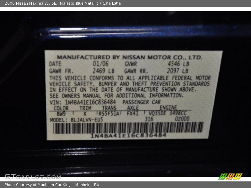 Majestic Blue Metallic / Cafe Latte 2006 Nissan Maxima 3.5 SE