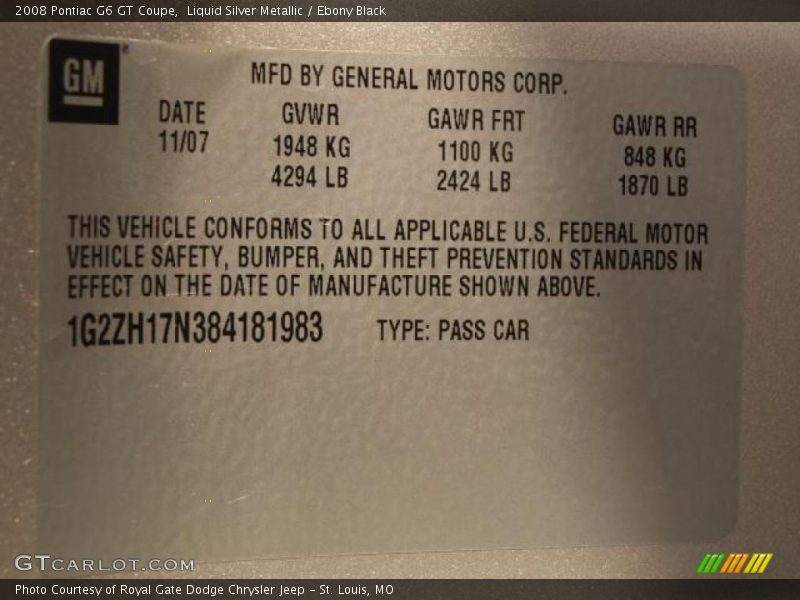 Liquid Silver Metallic / Ebony Black 2008 Pontiac G6 GT Coupe