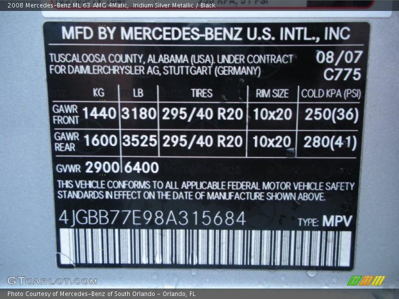 2008 ML 63 AMG 4Matic Iridium Silver Metallic Color Code 775