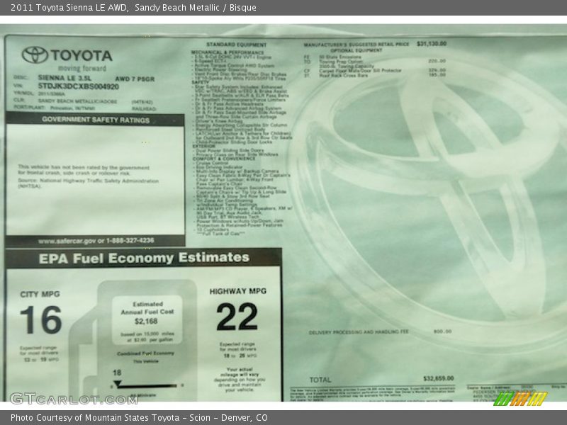  2011 Sienna LE AWD Window Sticker